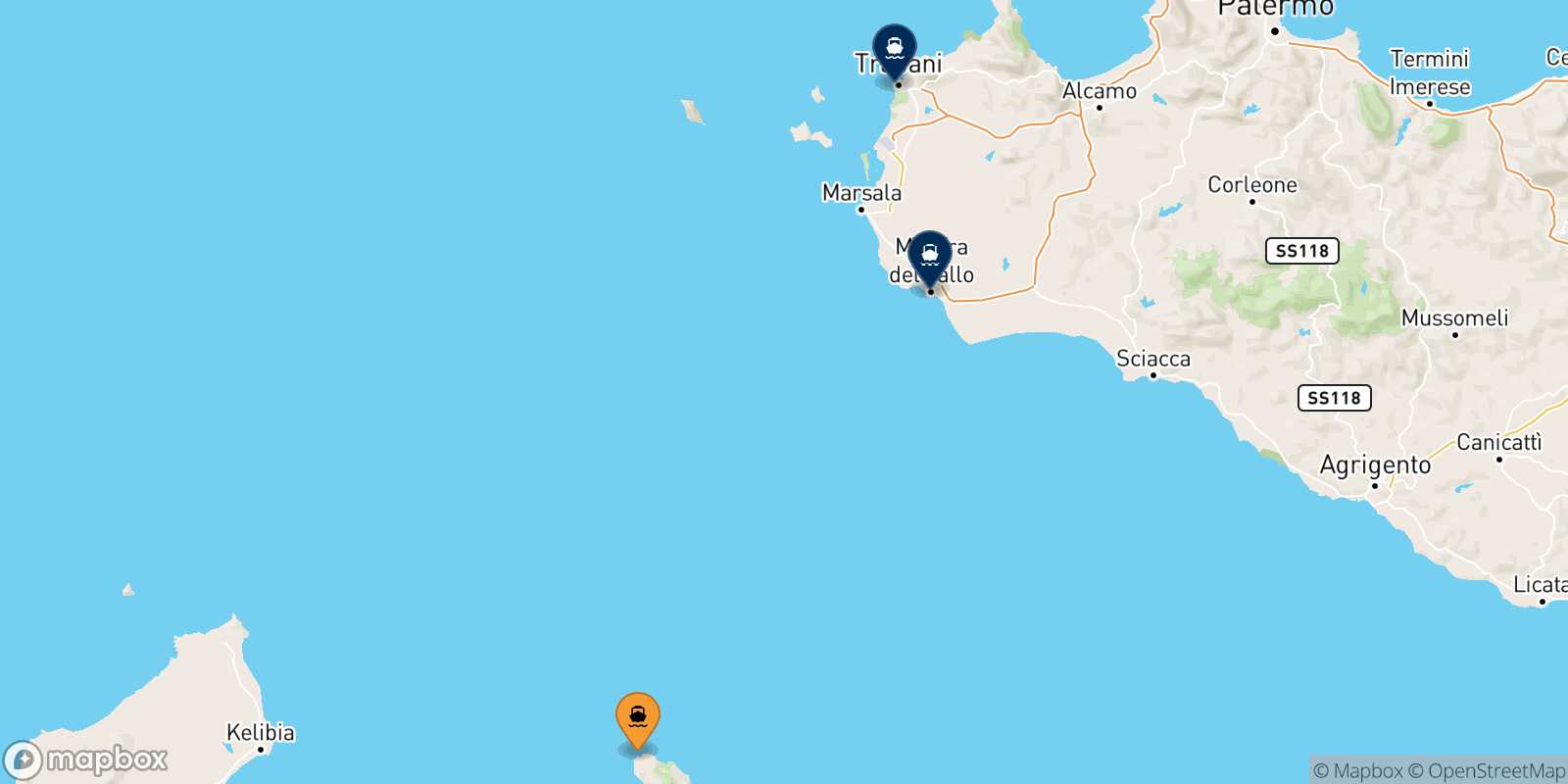 Mappa delle destinazioni raggiungibili da Pantelleria