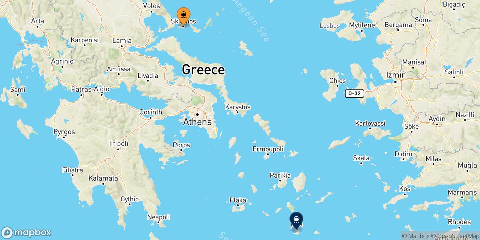 Mappa dei porti collegati con  Santorini