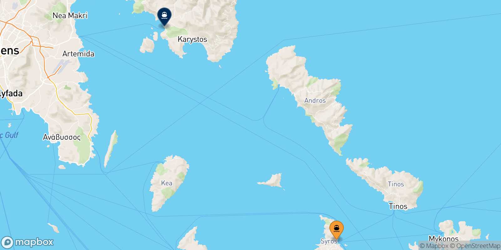 Mappa della rotta Syros Karystos