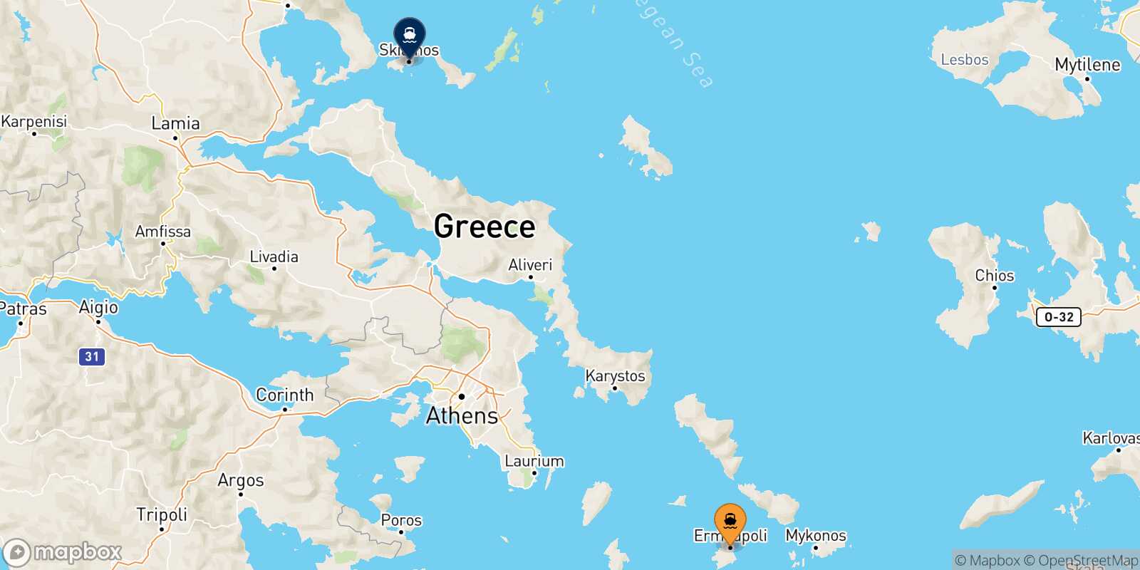 Mappa delle destinazioni raggiungibili da Syros