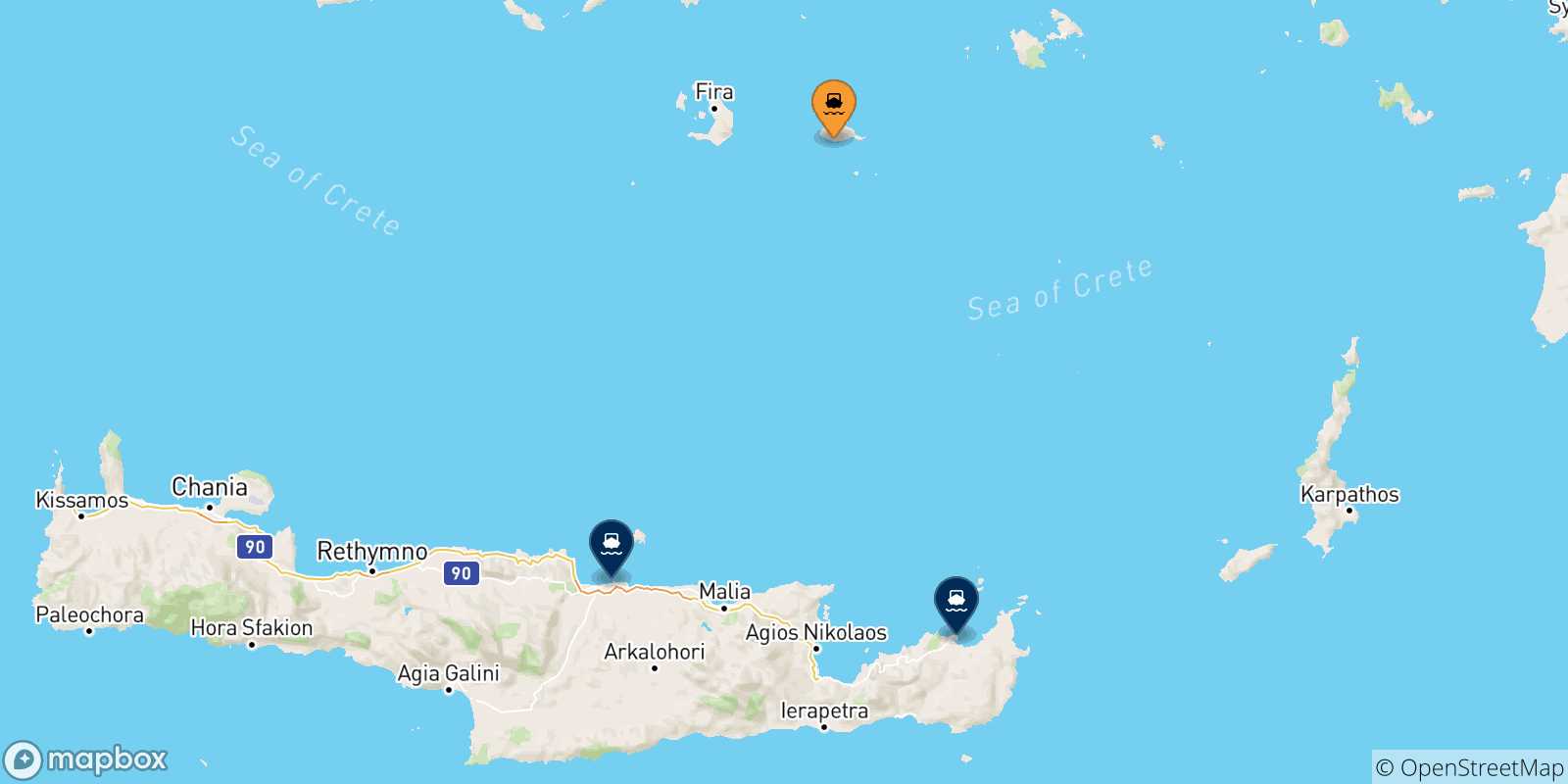 Mappa delle possibili rotte tra Anafi e Creta