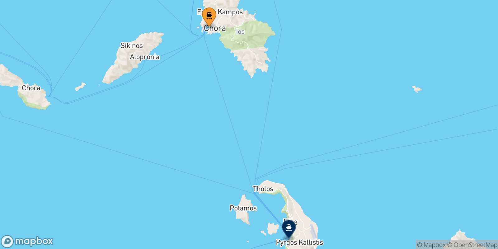 Mappa della rotta Ios Santorini