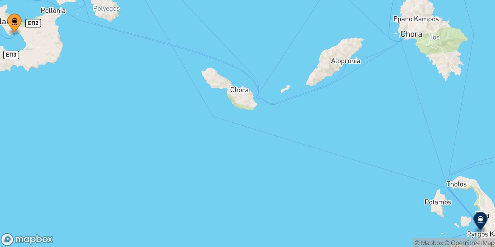 Mappa della rotta Milos Santorini