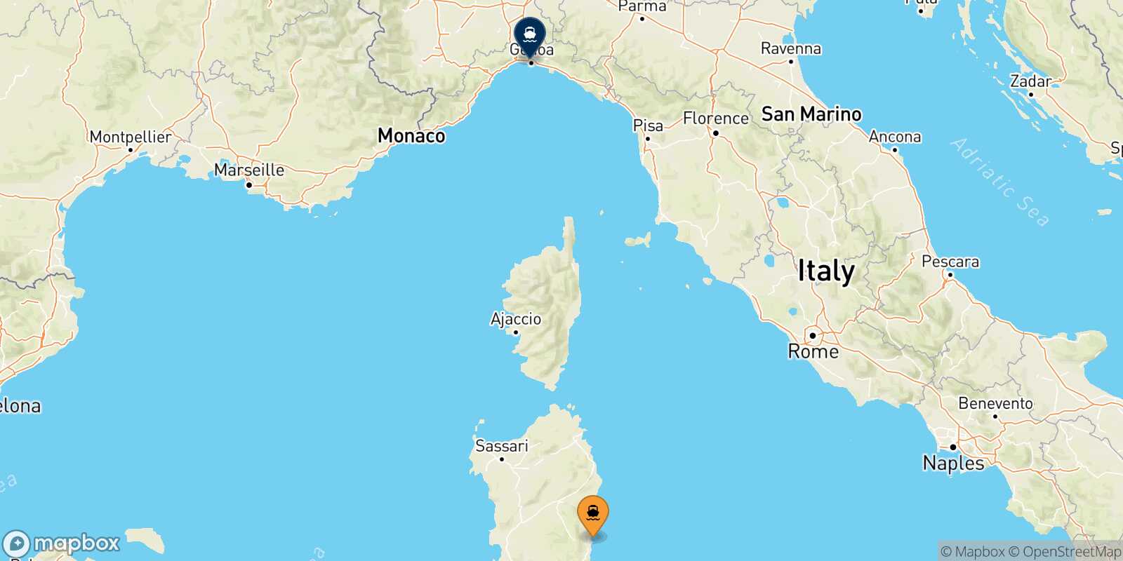 Mappa della rotta Arbatax Genova