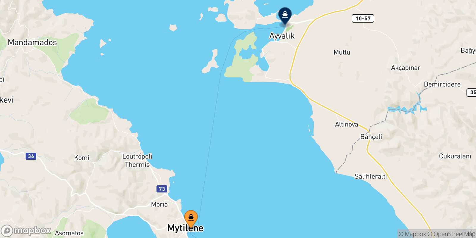 Mappa delle destinazioni raggiungibili da Mitilini (Lesvos)
