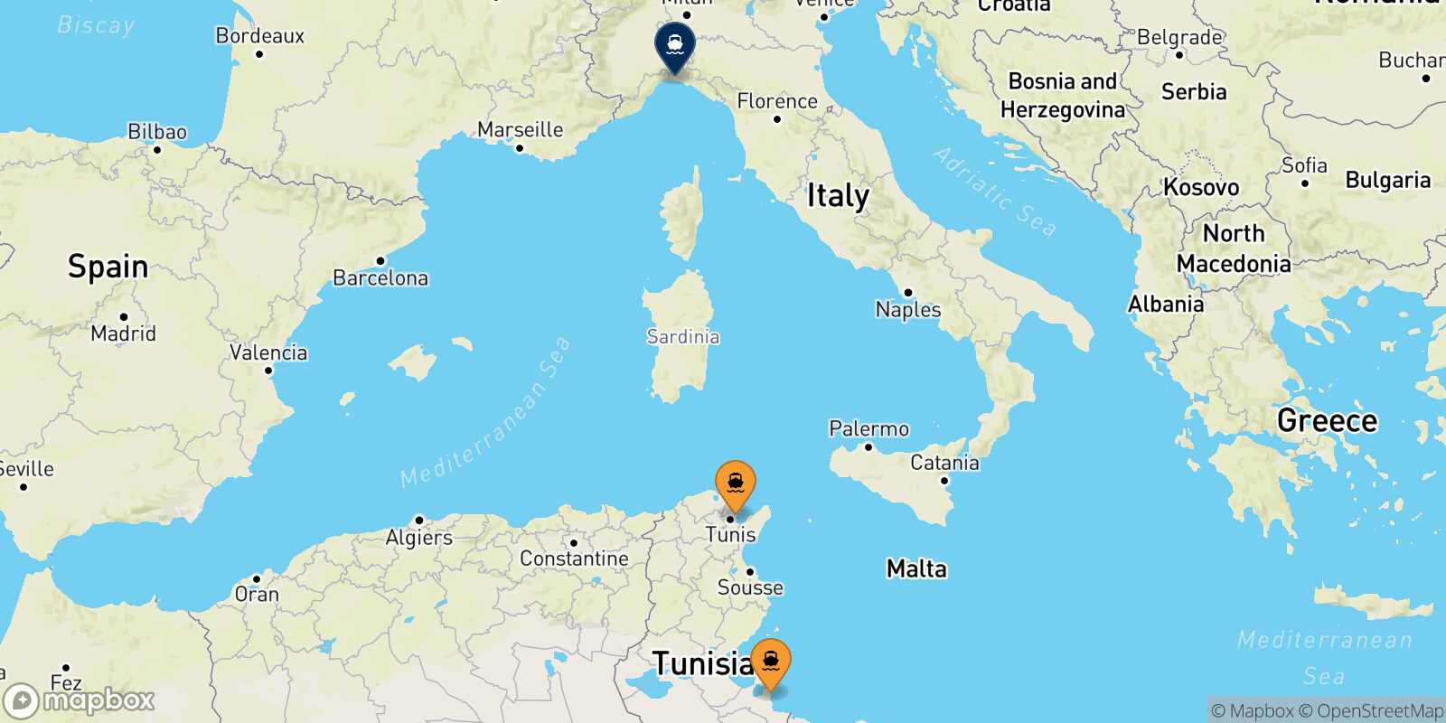 Mappa dei porti collegati con  Genova