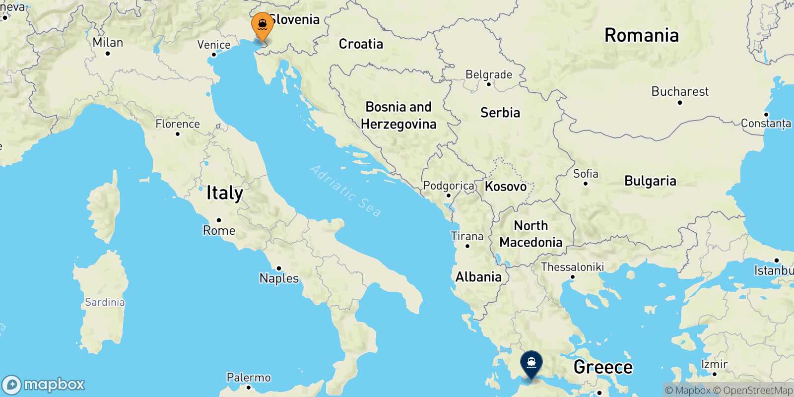 Mappa della rotta Trieste Patrasso
