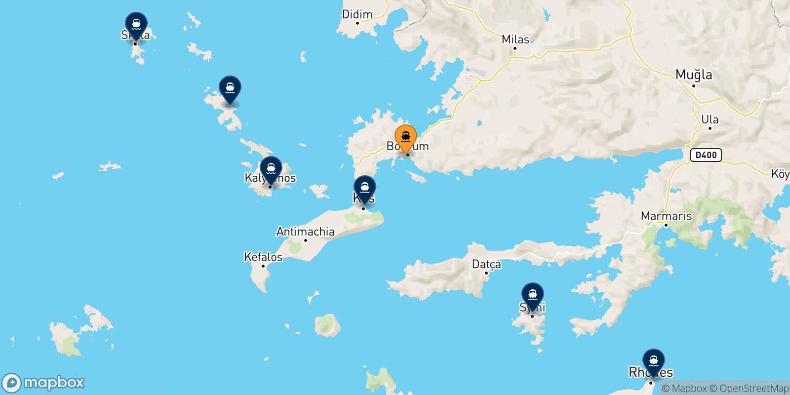 Mappa delle destinazioni raggiungibili da Bodrum