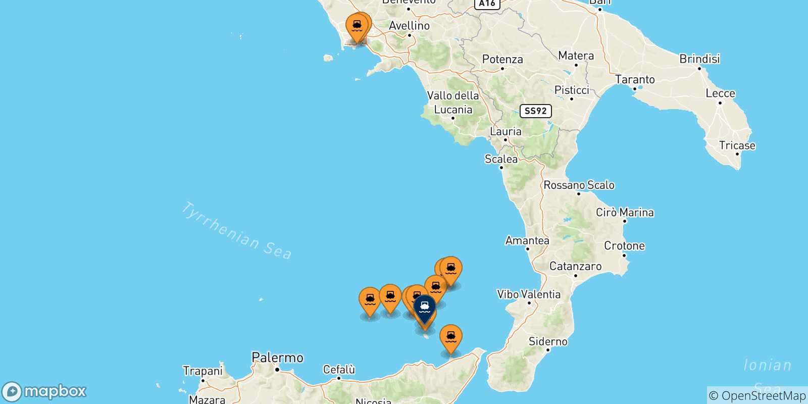 Mappa delle possibili rotte tra l'Italia e Lipari