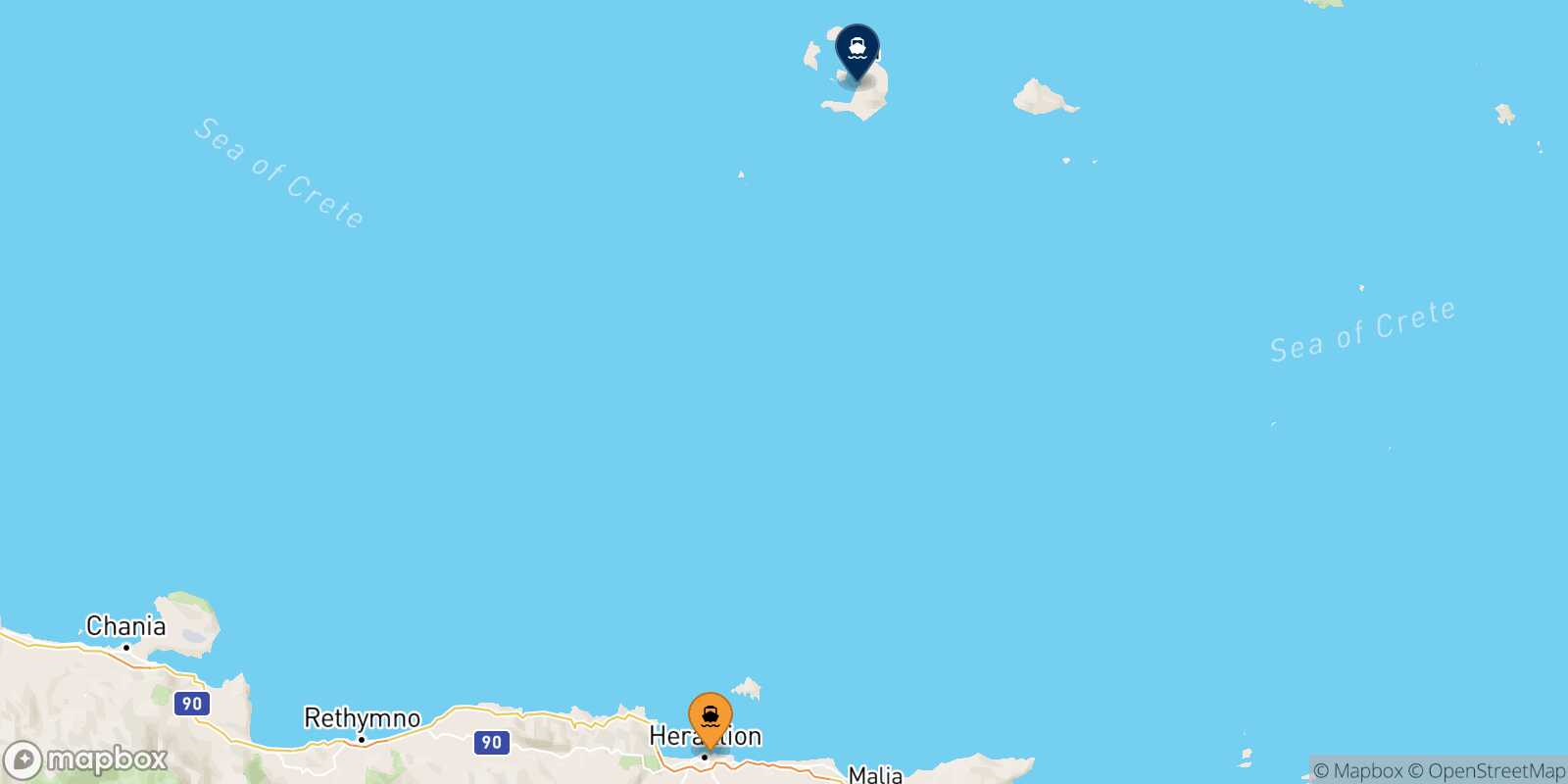 Mappa della rotta Heraklion Santorini