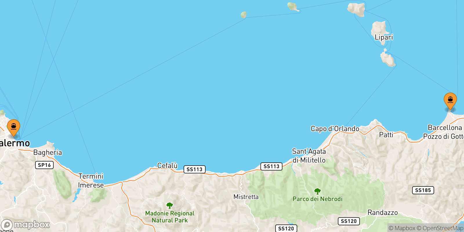 Mappa dei porti collegati con  Messina