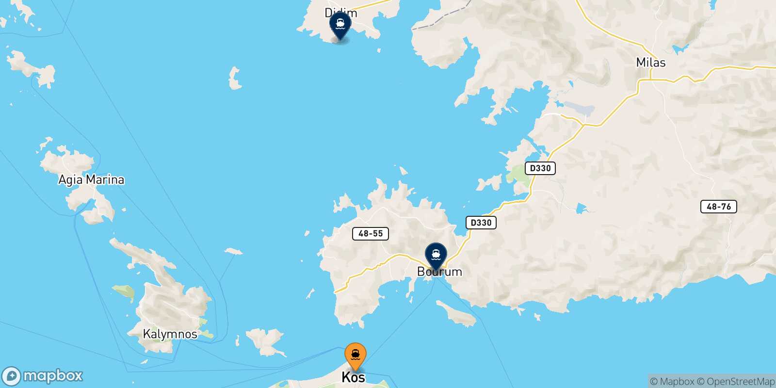 Mappa delle destinazioni raggiungibili da Kos
