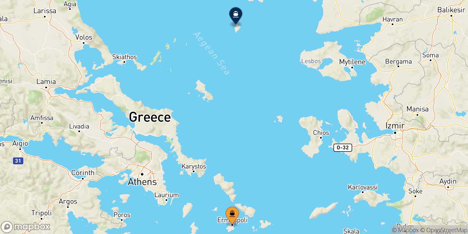 Mappa della rotta Syros Agios Efstratios