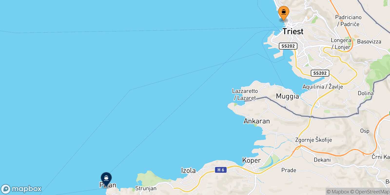 Mappa delle destinazioni raggiungibili da Trieste