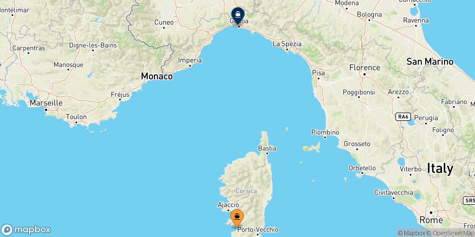 Mappa della rotta Ajaccio Genova
