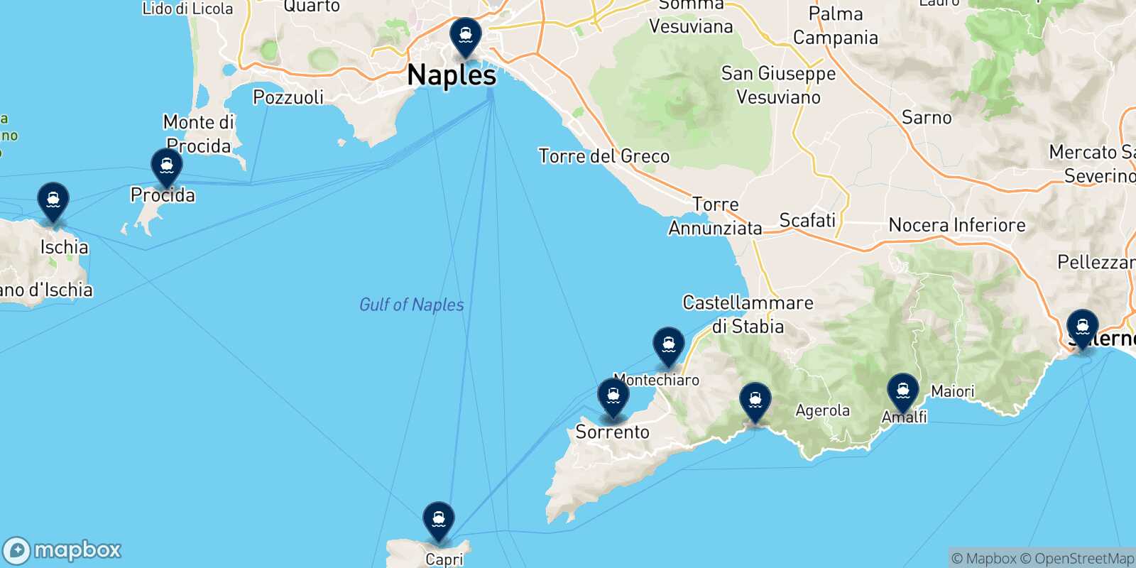 Mappa delle destinazioni raggiungibili da Sorrento