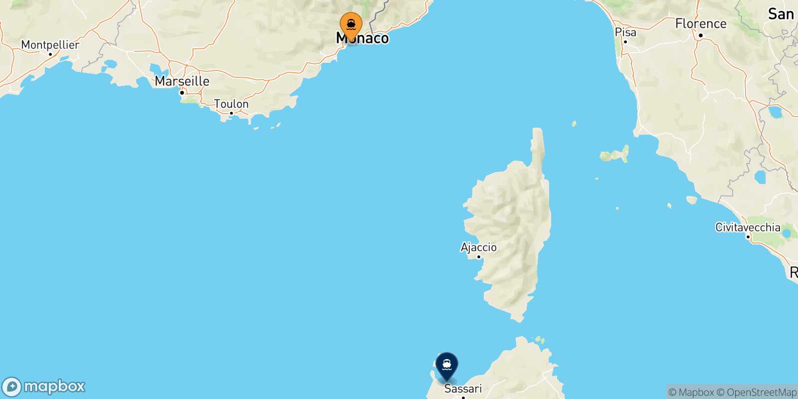 Mappa della rotta Nizza Porto Torres