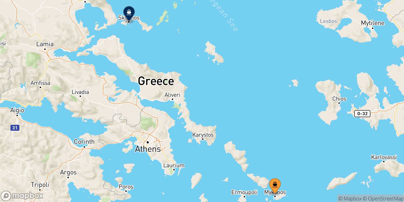 Mappa delle destinazioni raggiungibili da Mykonos
