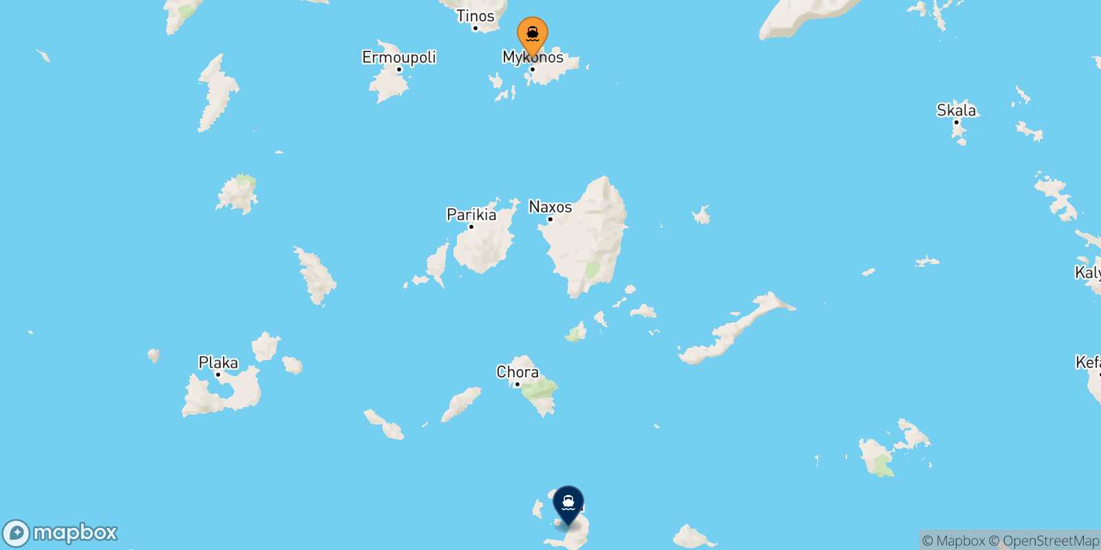 Mappa della rotta Mykonos Santorini