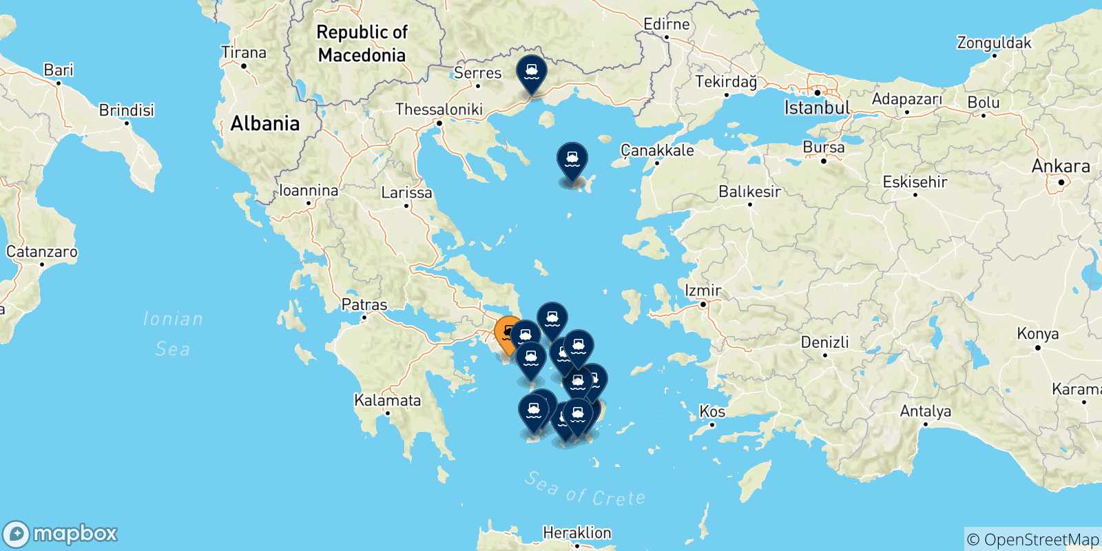 Mappa delle possibili rotte tra Lavrio e la Grecia