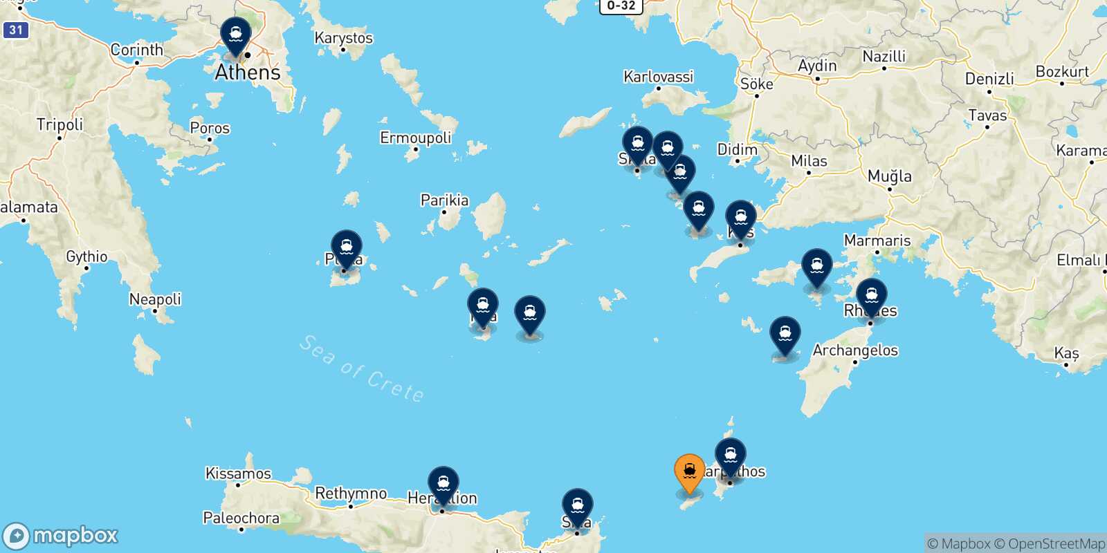 Mappa delle destinazioni raggiungibili da Kasos
