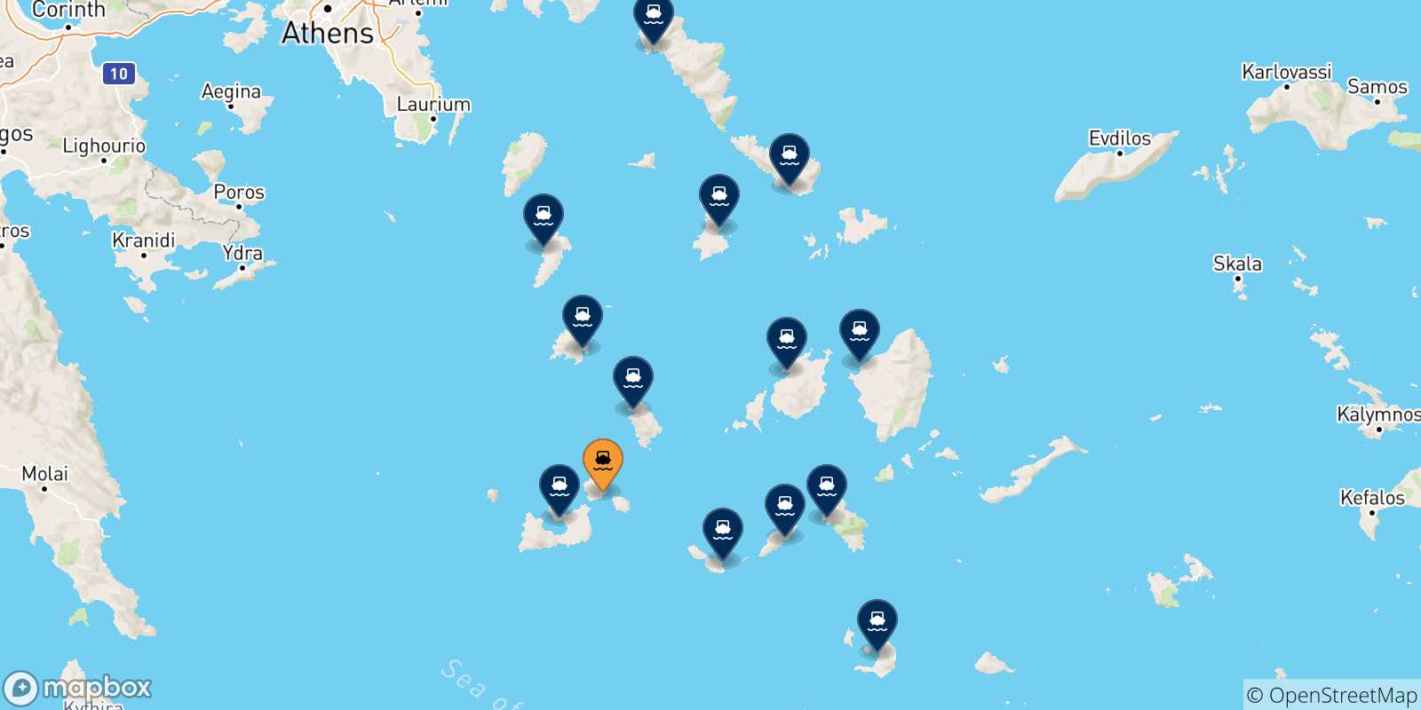Mappa delle possibili rotte tra Kimolos e le Isole Cicladi