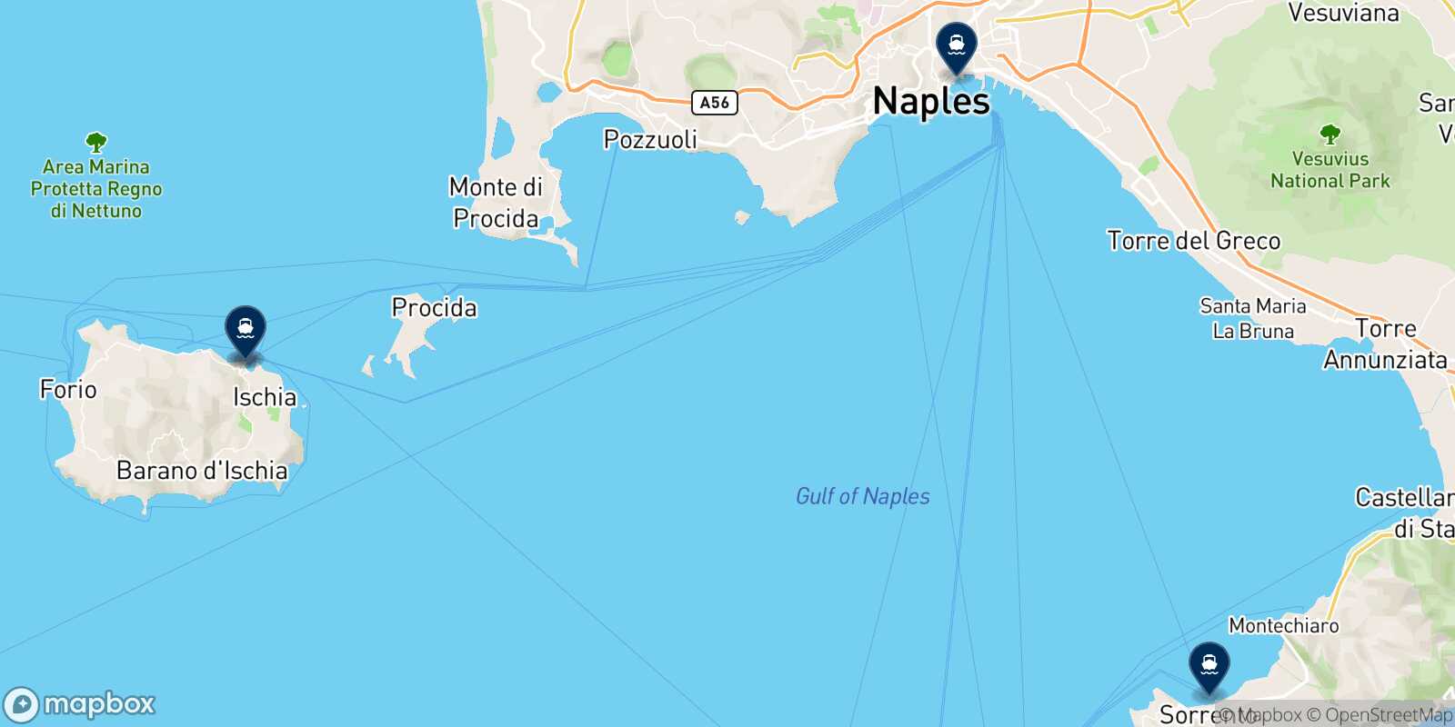 Mappa delle destinazioni raggiungibili da Ischia