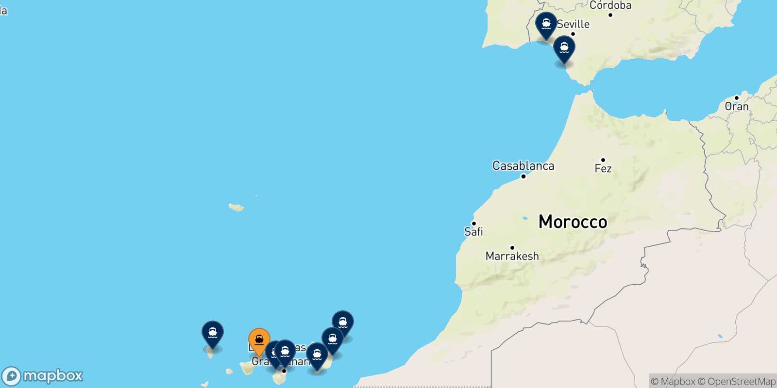 Mappa delle destinazioni raggiungibili da Santa Cruz De Tenerife