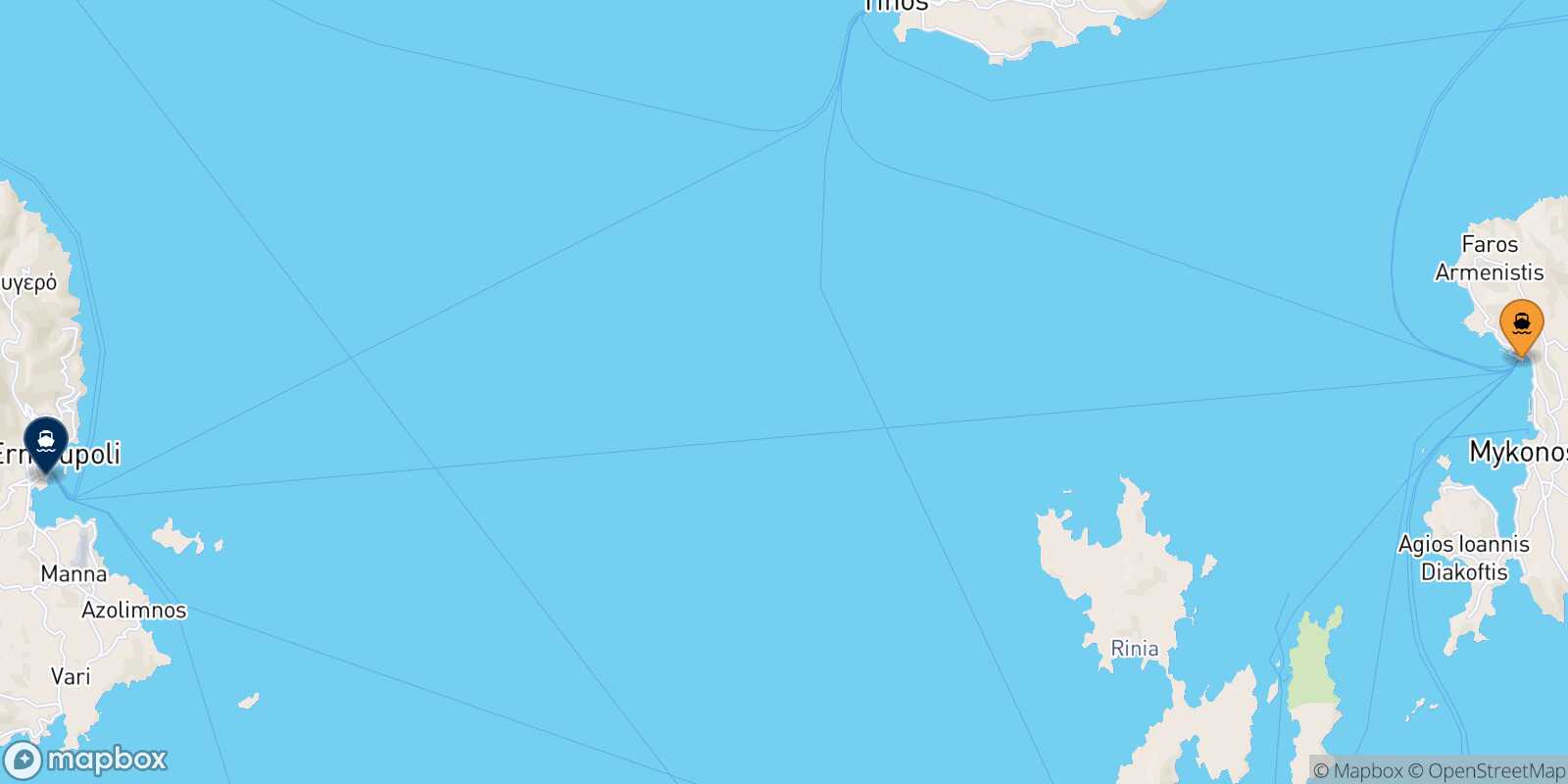 Mappa della rotta Mykonos Syros