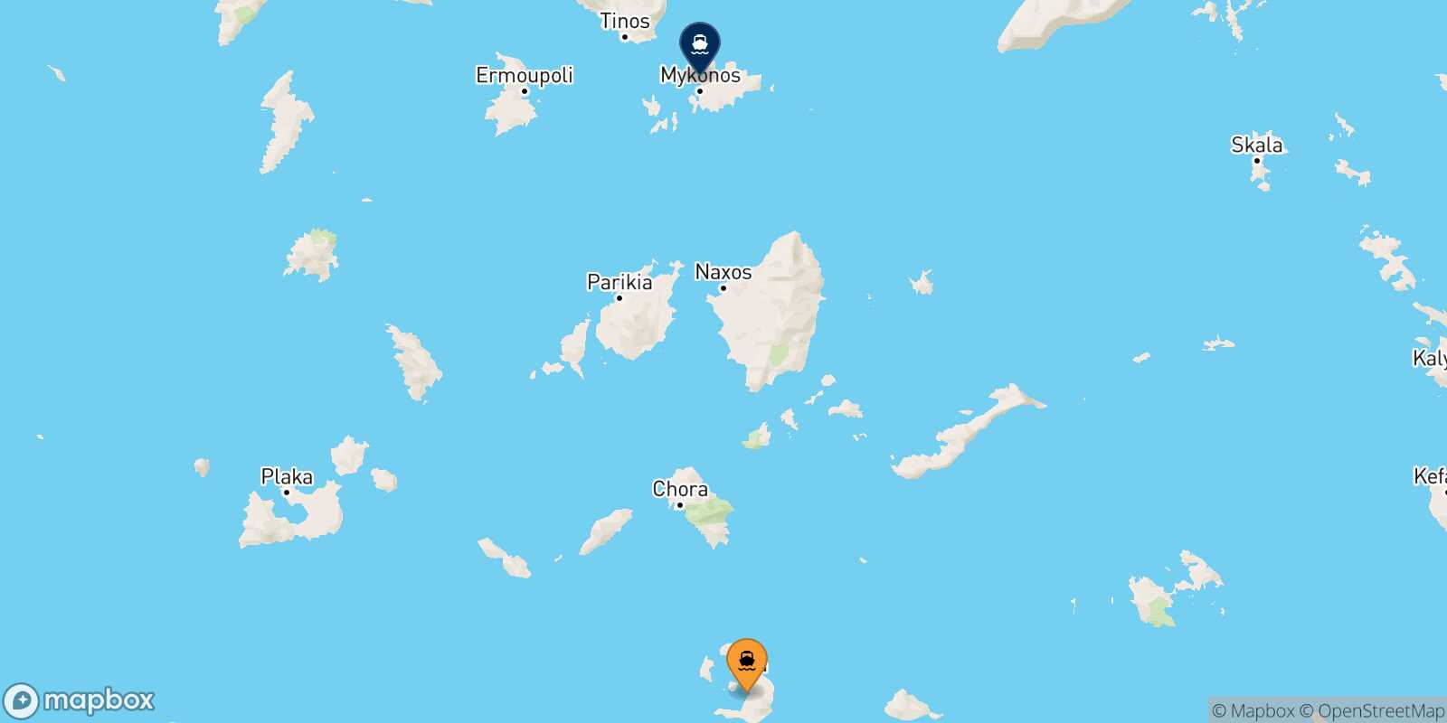 Mappa della rotta Santorini Mykonos