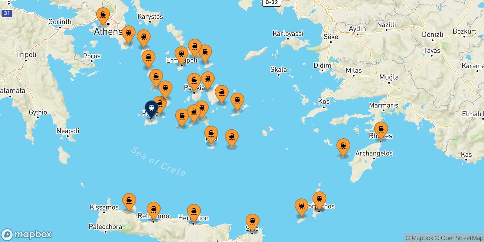 Mappa dei porti collegati con  Milos