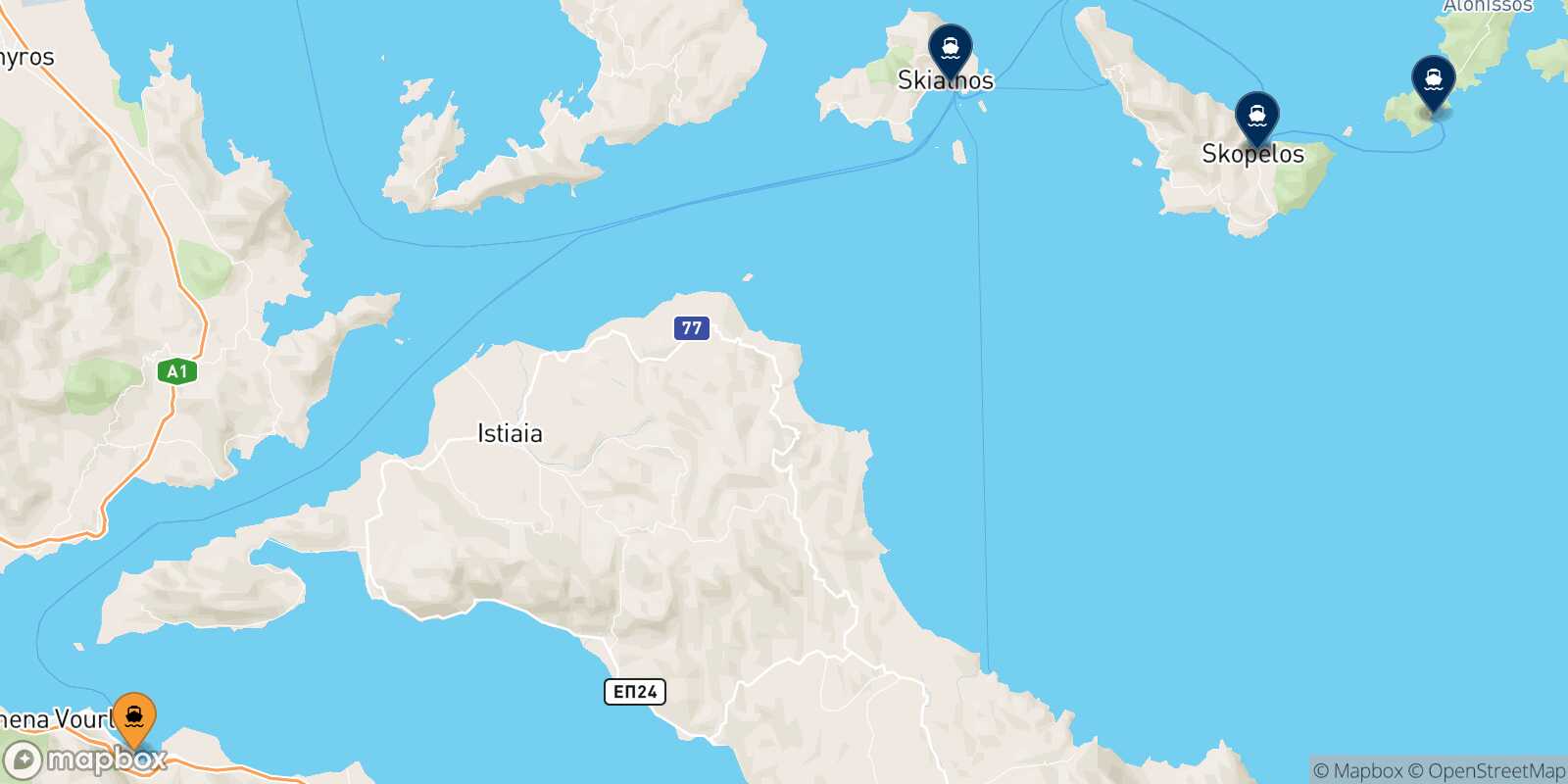 Mappa delle destinazioni raggiungibili da Agios Konstantinos