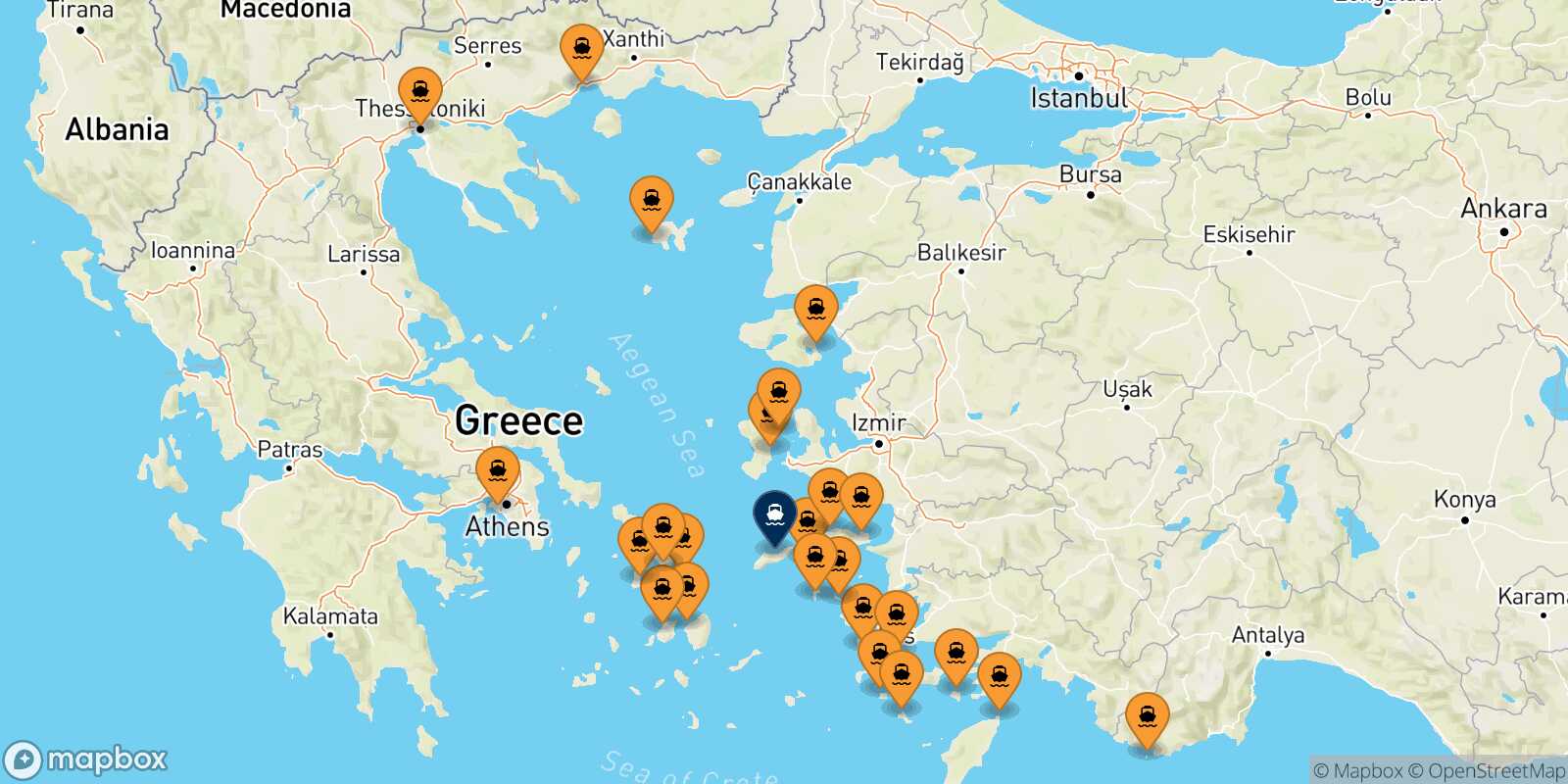 Mappa dei porti collegati con  Evdilos (Ikaria)