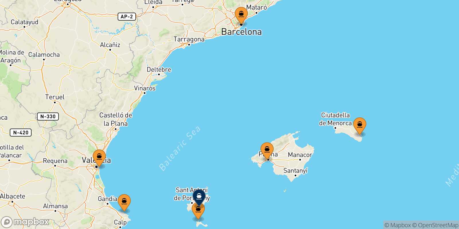 Mappa dei porti collegati con  Ibiza