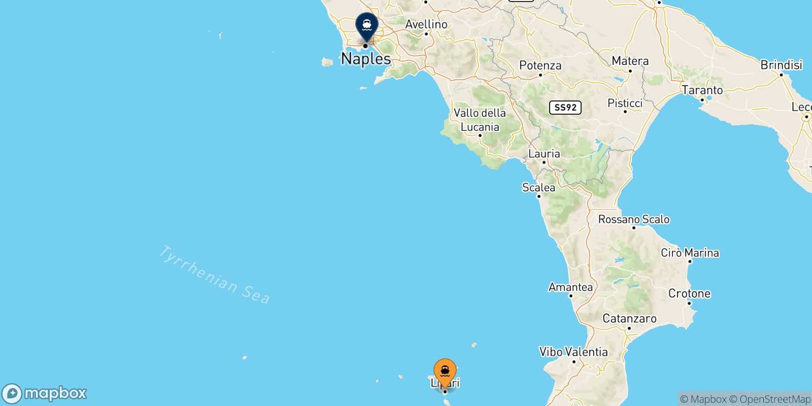 Mappa della rotta Lipari Napoli