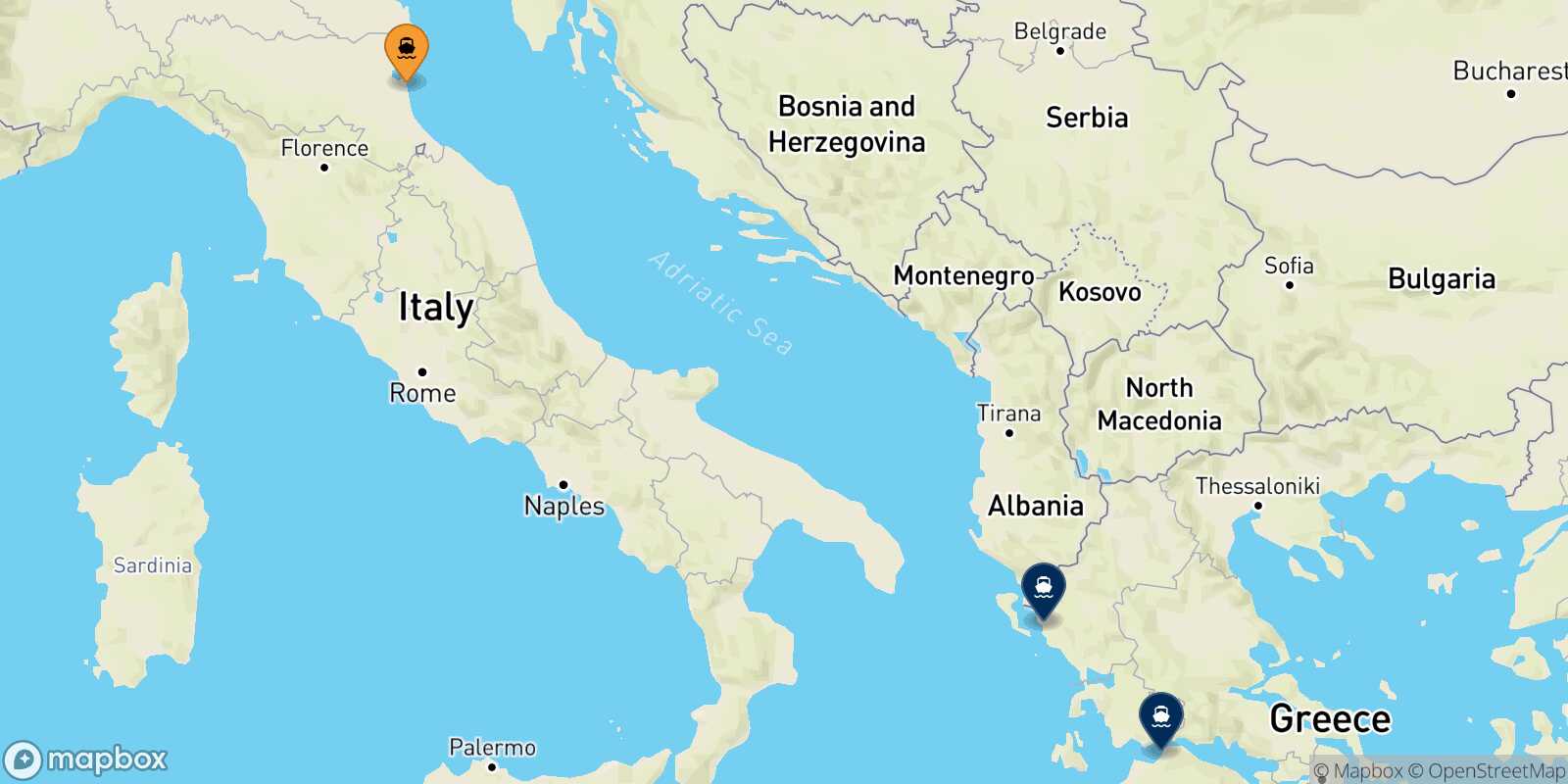 Mappa delle destinazioni raggiungibili da Ravenna