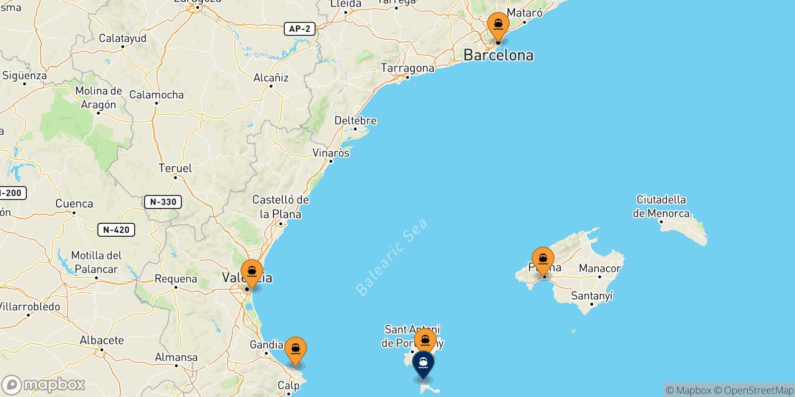 Mappa dei porti collegati con  Formentera