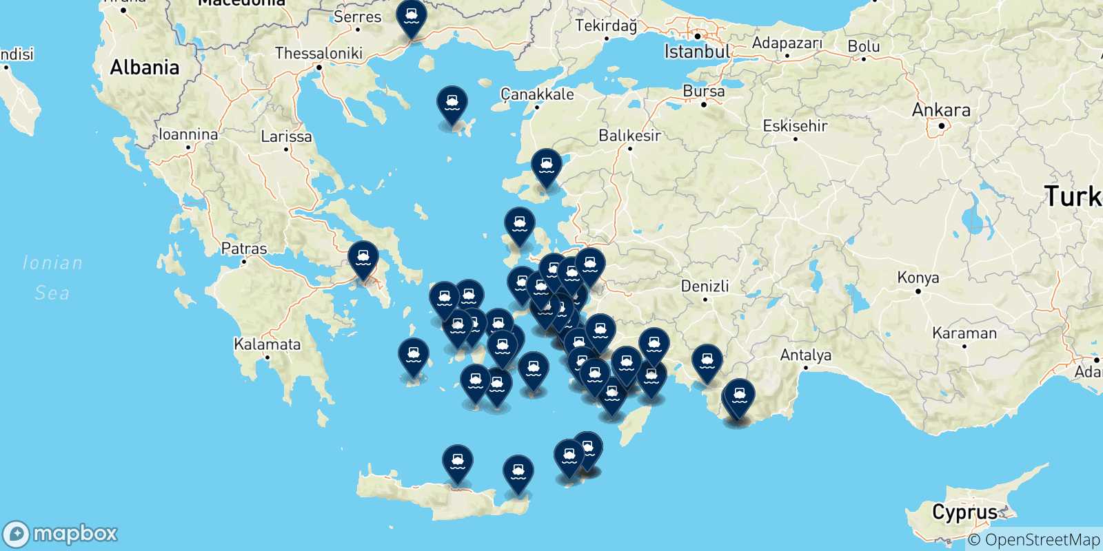 Mappa delle destinazioni raggiungibili dalle Isole Dodecaneso