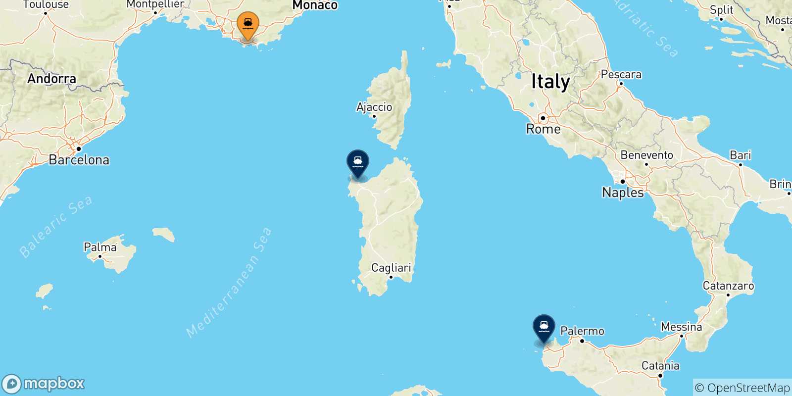 Mappa delle possibili rotte tra Tolone e l'Italia