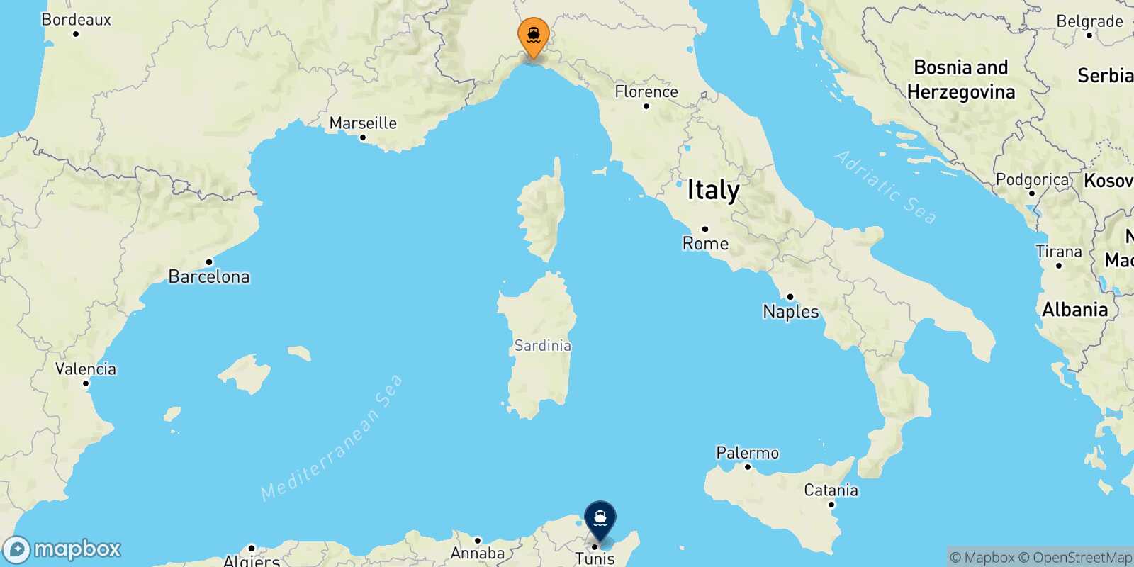 Mappa della rotta Genova Tunisi