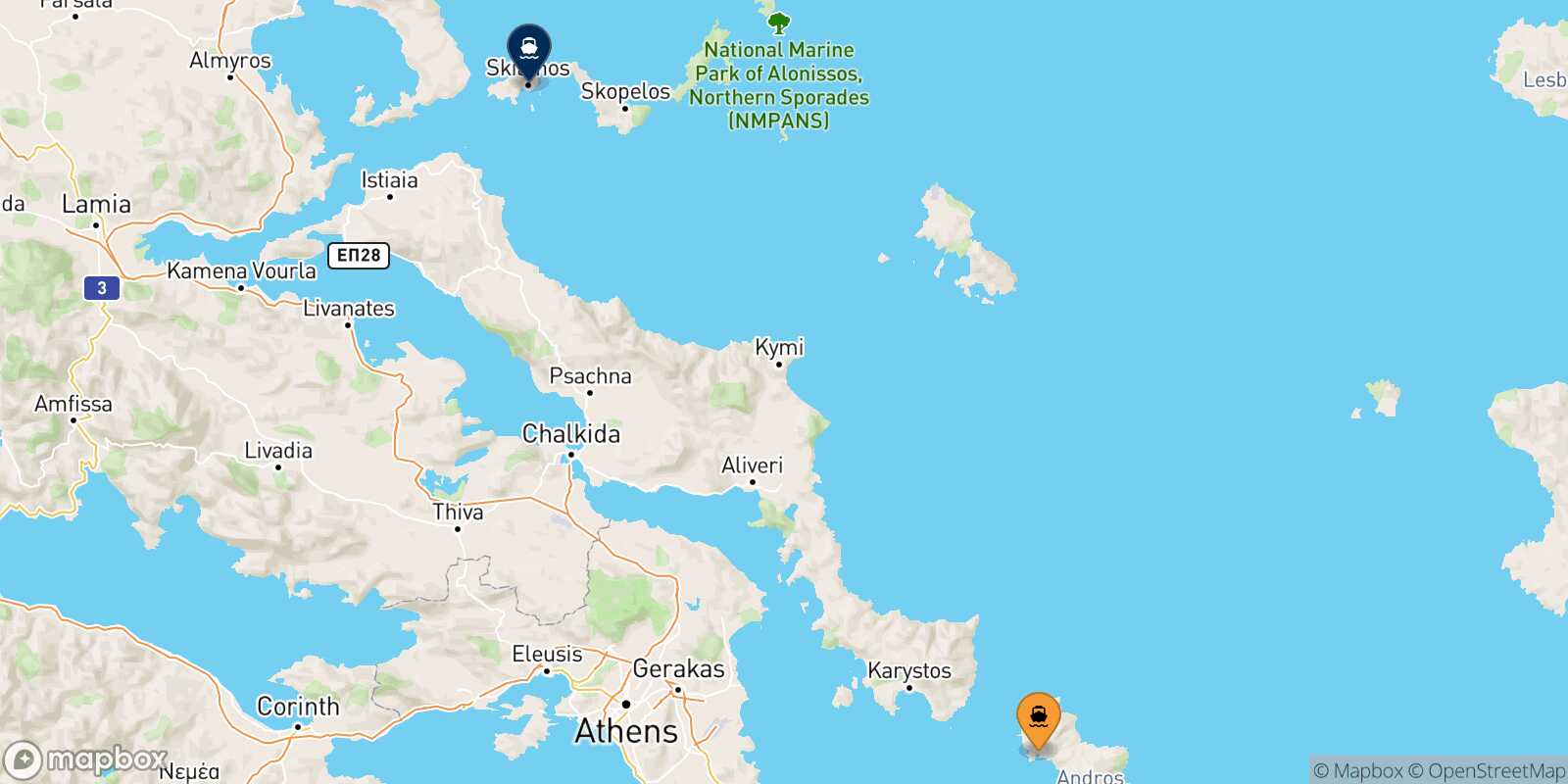Mappa delle destinazioni raggiungibili da Andros