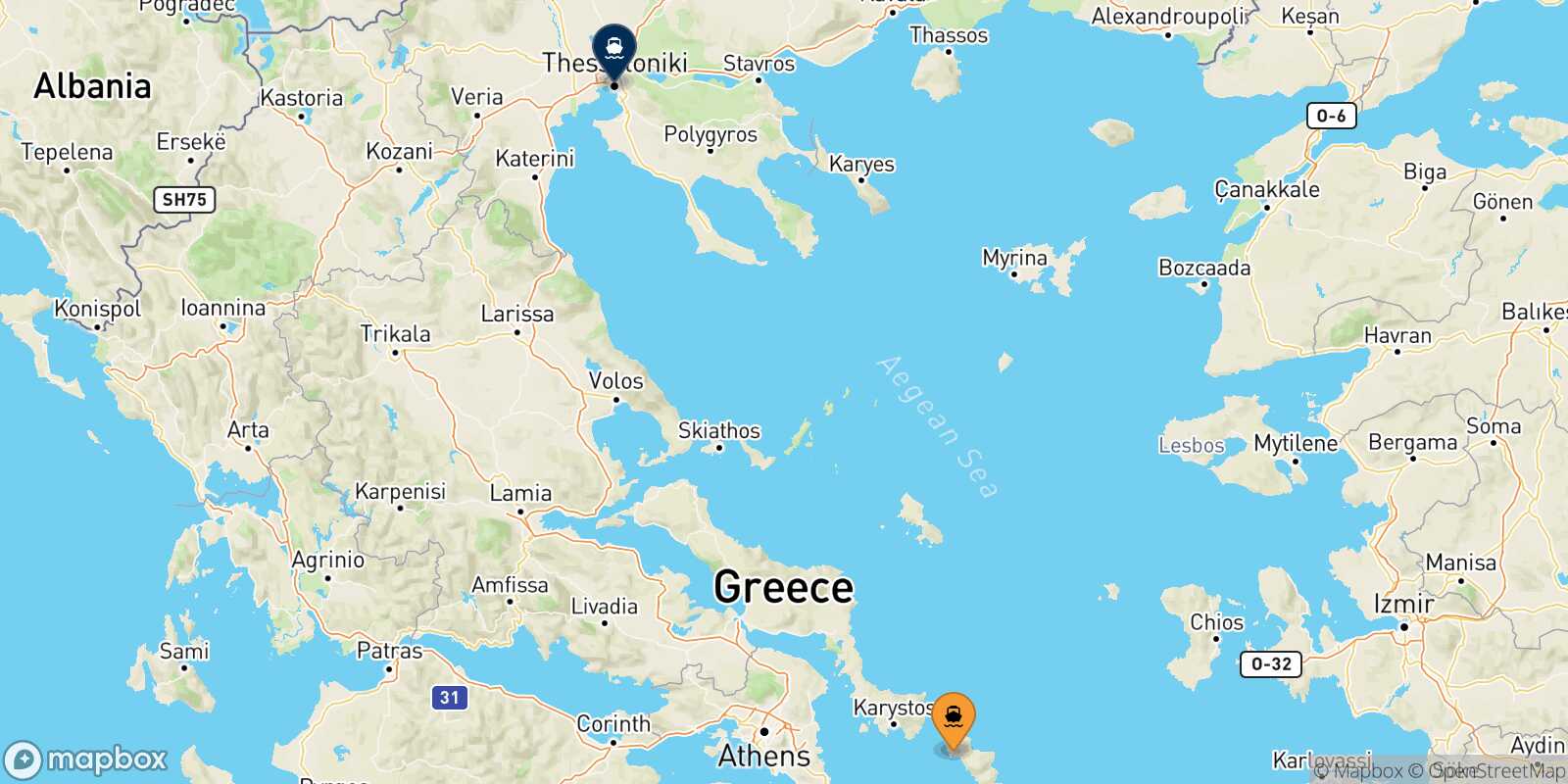 Mappa della rotta Andros Salonicco