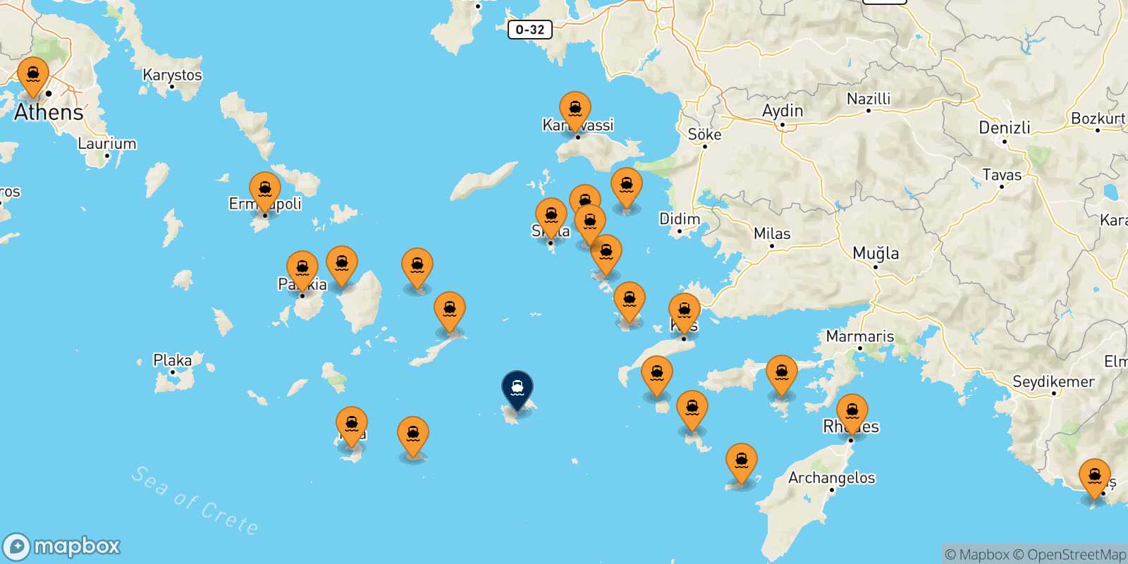 Mappa dei porti collegati con  Astypalea