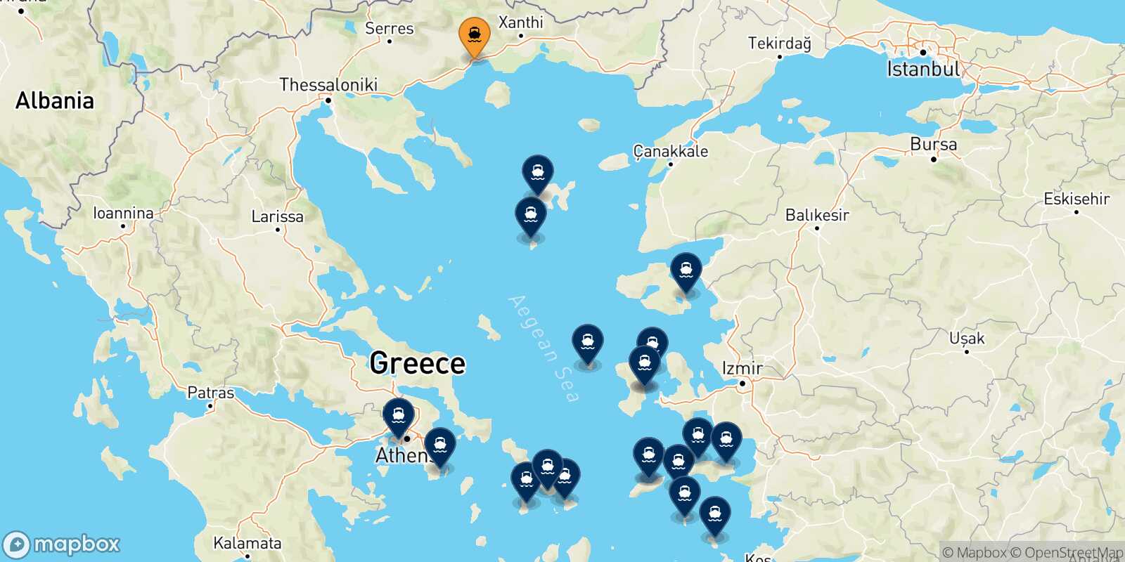 Mappa delle destinazioni raggiungibili da Kavala