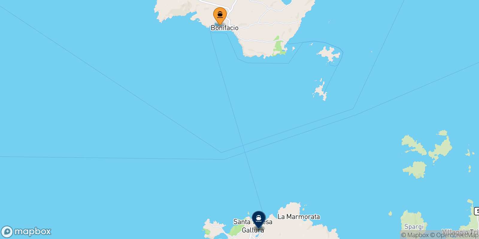 Mappa delle destinazioni raggiungibili da Bonifacio