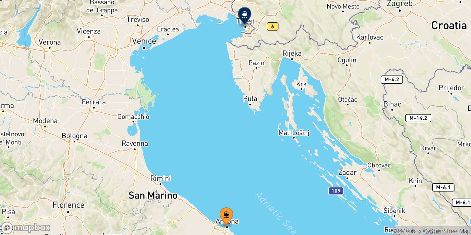Mappa della rotta Ancona Trieste