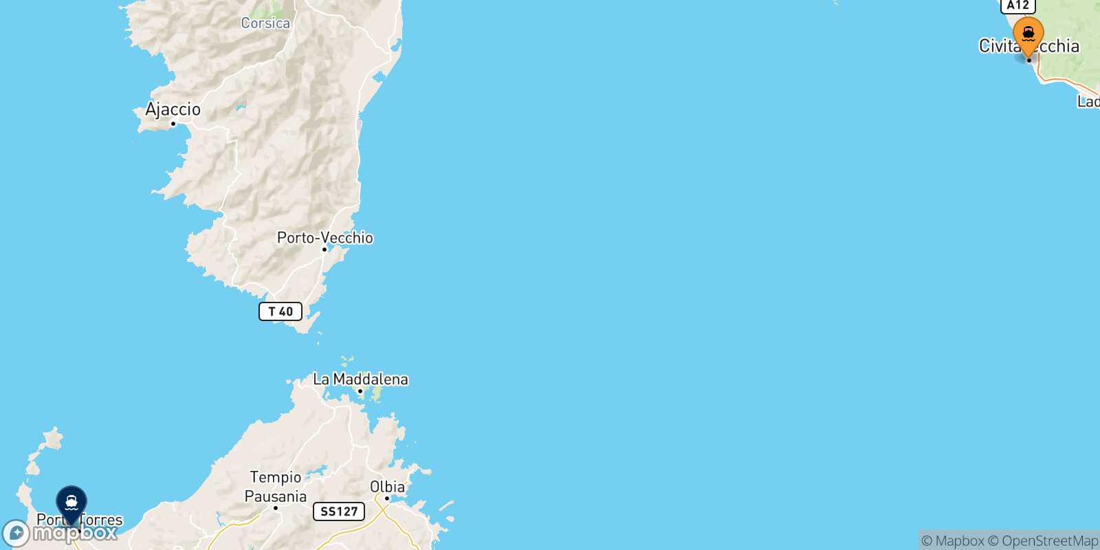 Mappa della rotta Civitavecchia Porto Torres