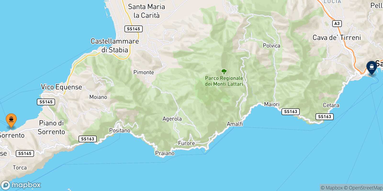 Mappa della rotta Sorrento Salerno