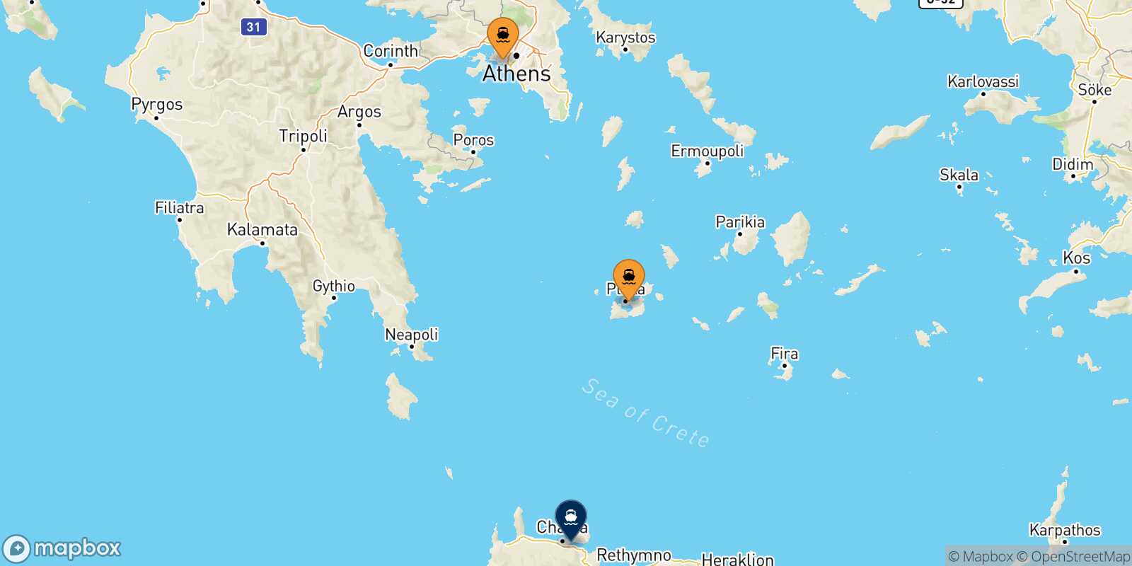 Mappa dei porti collegati con  Chania