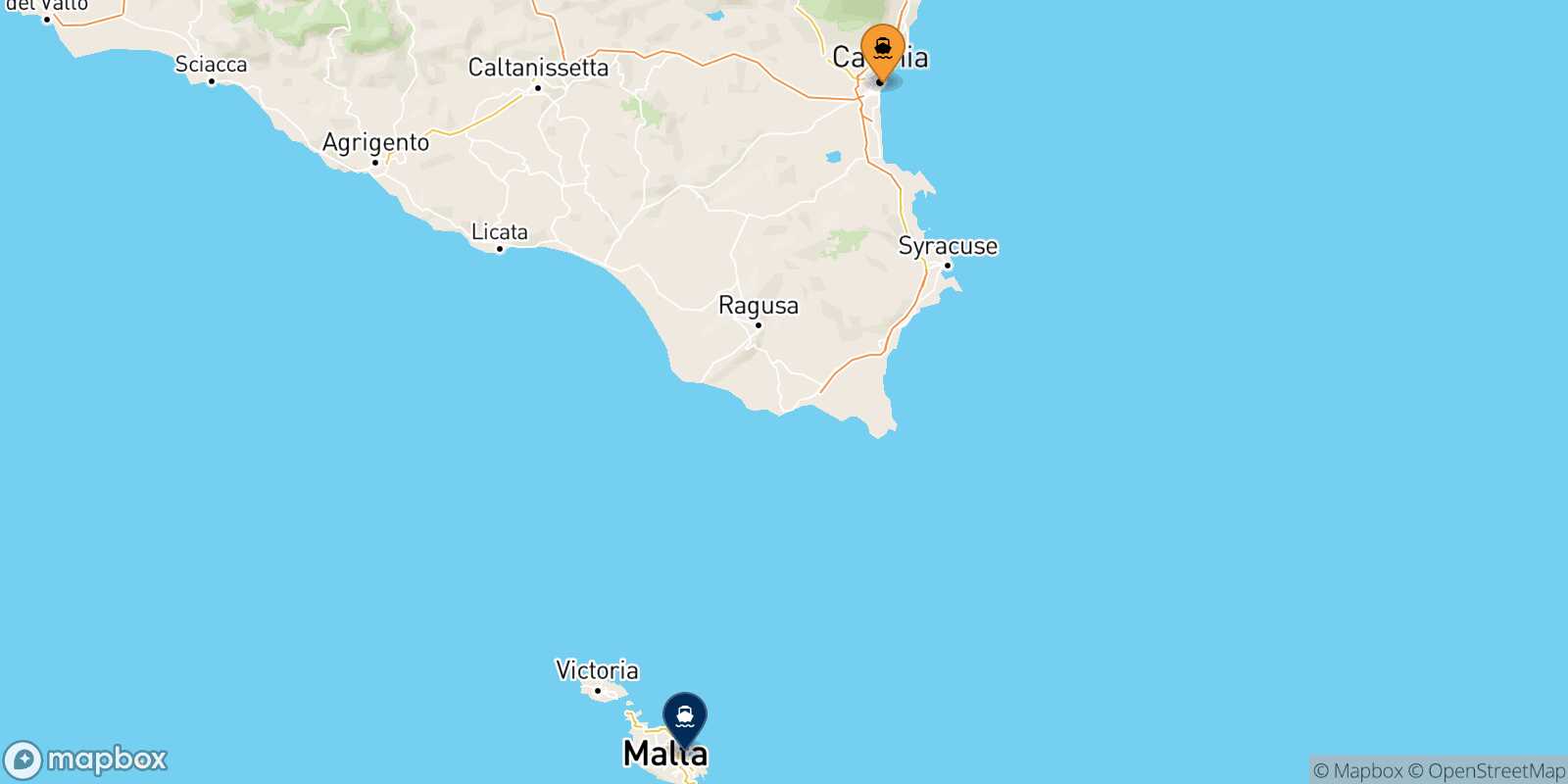 Mappa della rotta Catania La Valletta (Malta)